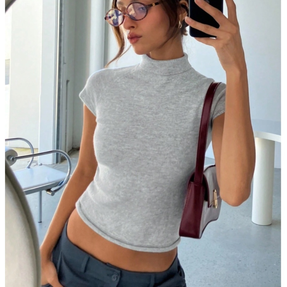 Grey Knit Sweater Top High Neck Short Sleeve